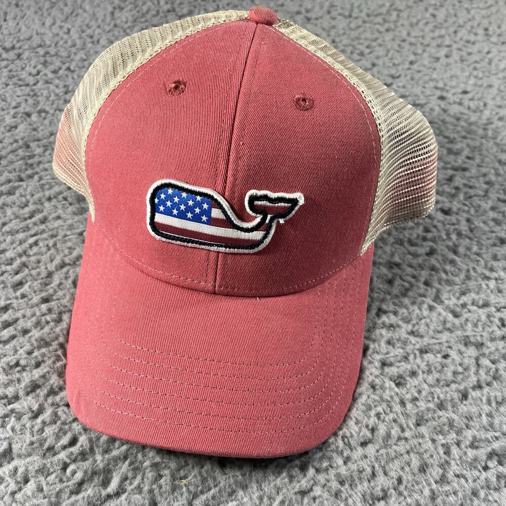 Vineyard Vines Hat Trucker Mesh Strap Back American Flag USA Whale Logo Pink